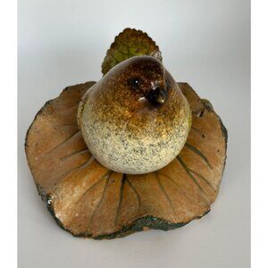 Pottery Fat Brown Bird Figure With Leaf Shaped Wings & Tail Sitting On A Leaf